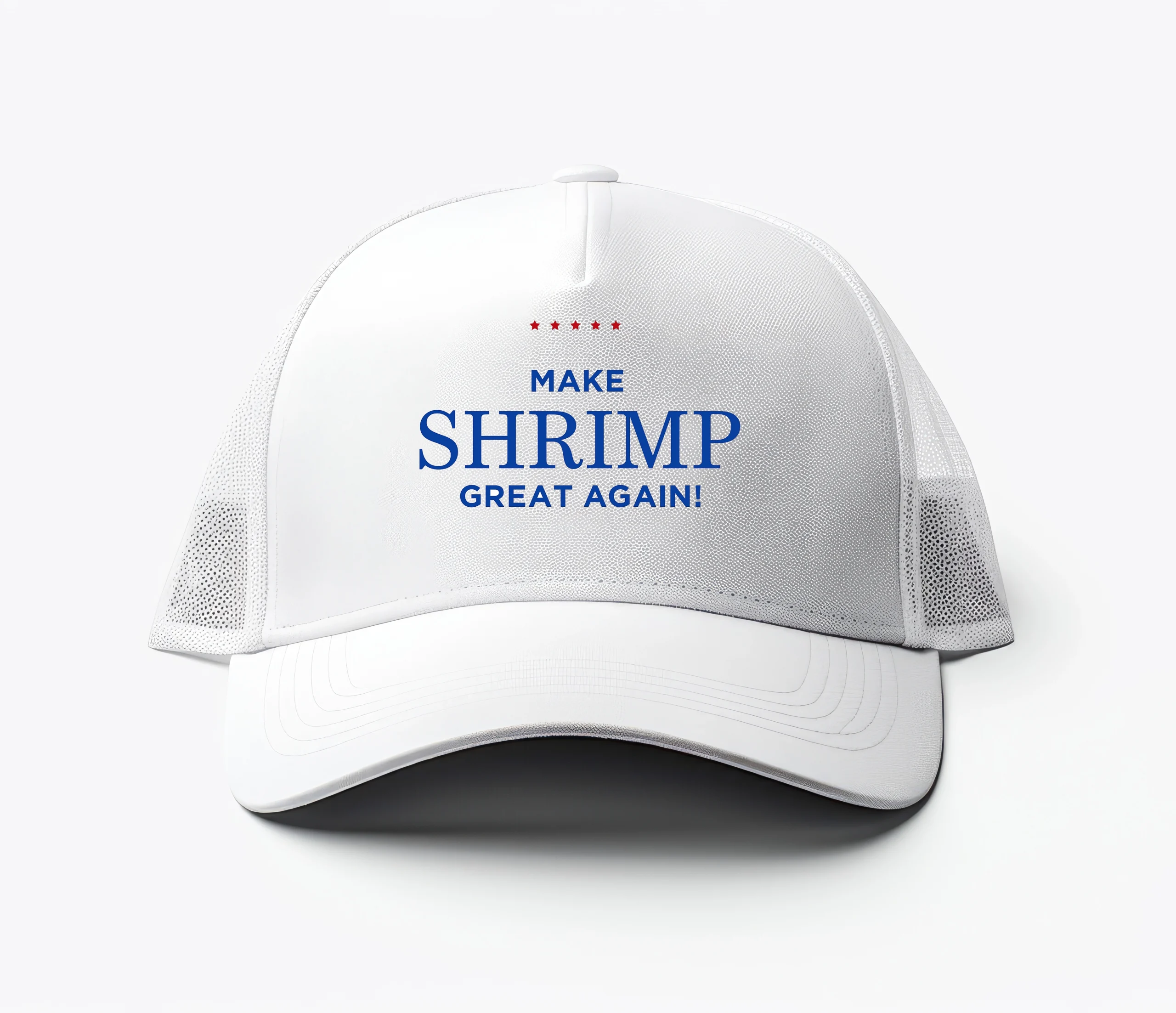 Make Shrimp Great Again hat – white cap with bold navy text and red stars