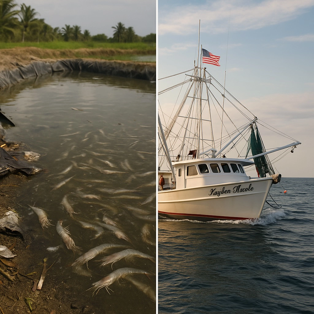 Split comparison: polluted foreign shrimp pond on the left versus a clean American shrimp boat at sea on the right.